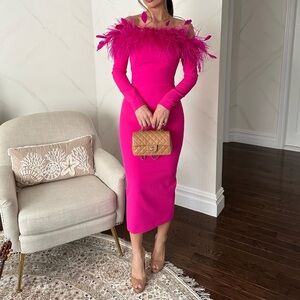 Elegant Fuchsia Feathered Long Sleeve Dress